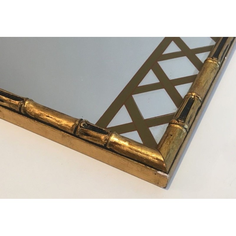Decorative Faux-Bamboo Gilt Wood Mirror with Printed Floral Decor