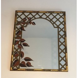 Decorative Faux-Bamboo Gilt Wood Mirror with Printed Floral Decor
