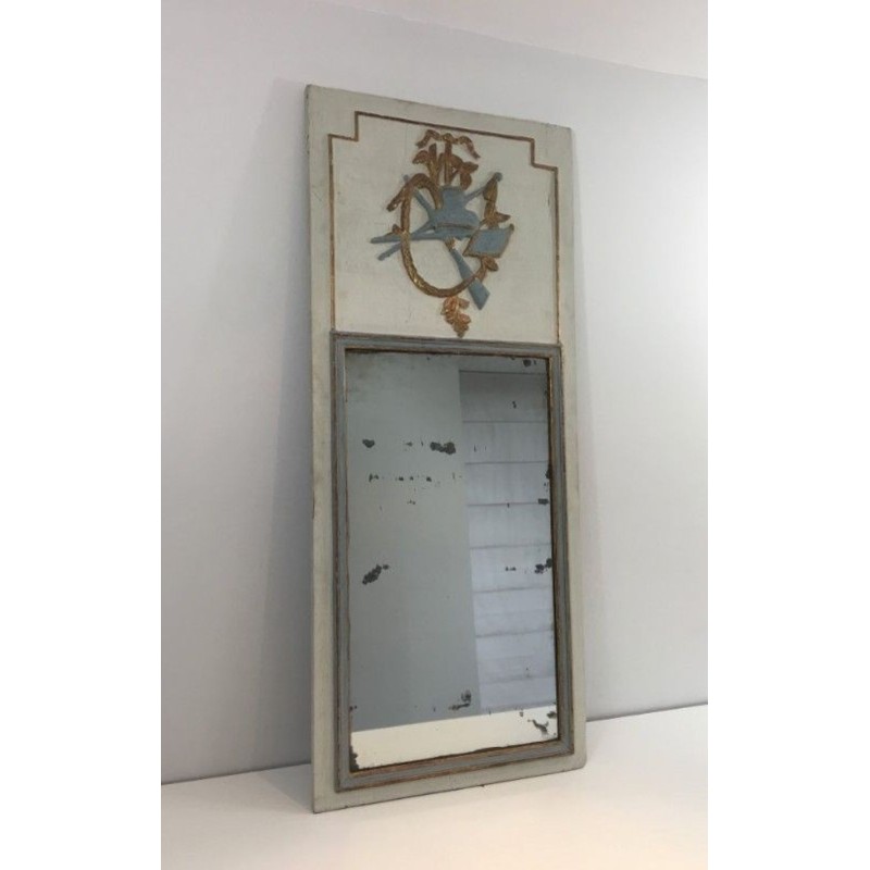Louis XVI Style Carved Wood Painted Trumeau Mirror