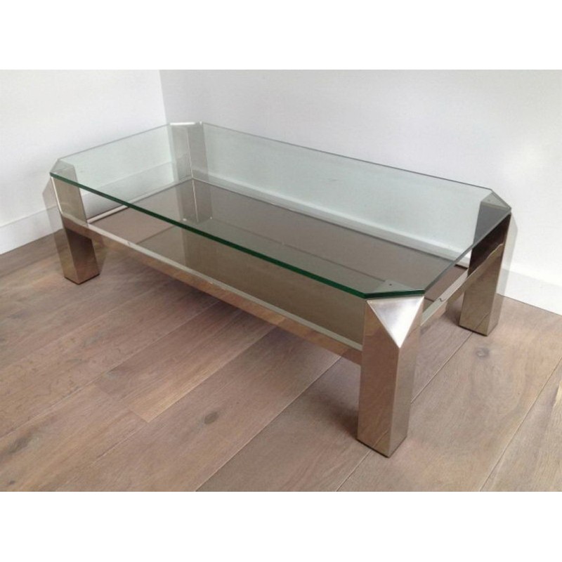 Octagonal Chrome Coffee Table with Clear Glass and Mirror