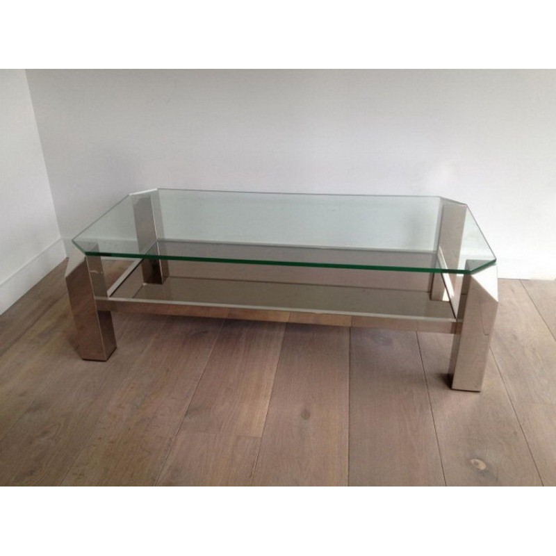 Octagonal Chrome Coffee Table with Clear Glass and Mirror