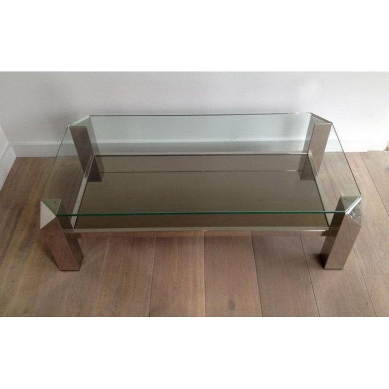 Octagonal Chrome Coffee Table with Clear Glass and Mirror