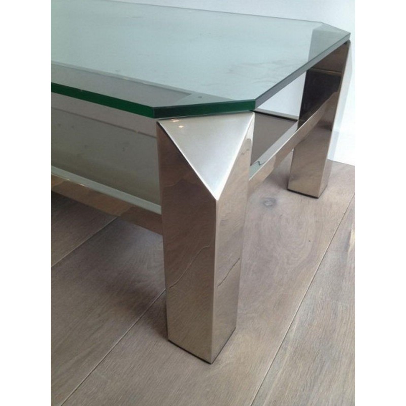 Octagonal Chrome Coffee Table with Clear Glass and Mirror
