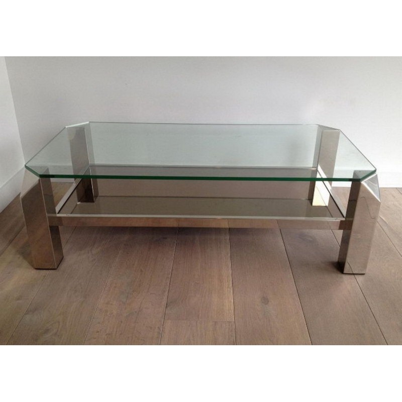 Octagonal Chrome Coffee Table with Clear Glass and Mirror