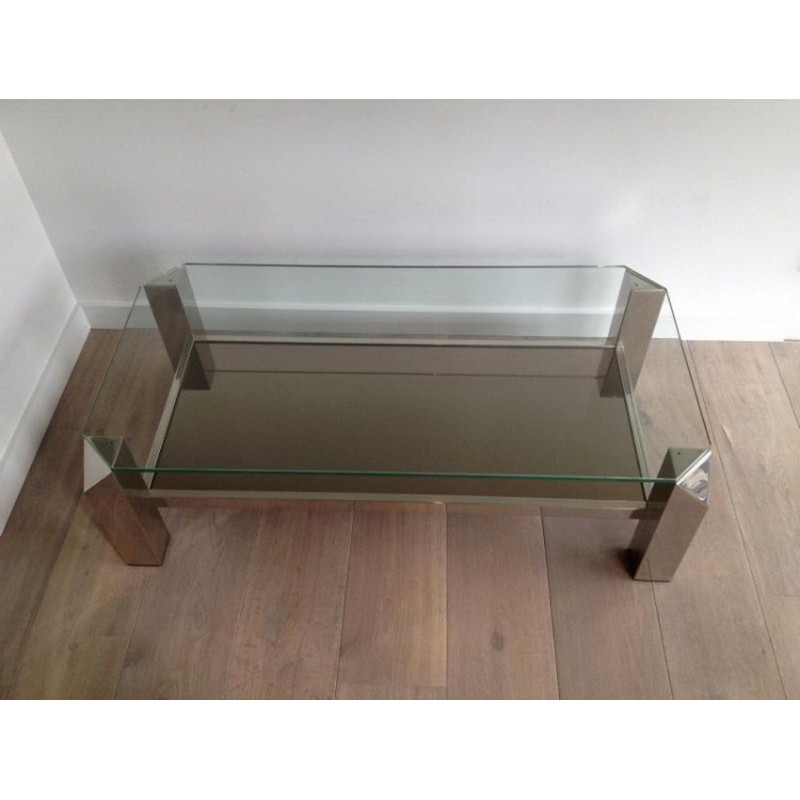 Octagonal Chrome Coffee Table with Clear Glass and Mirror