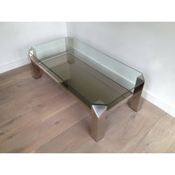 Octagonal Chrome Coffee Table with Clear Glass and Mirror