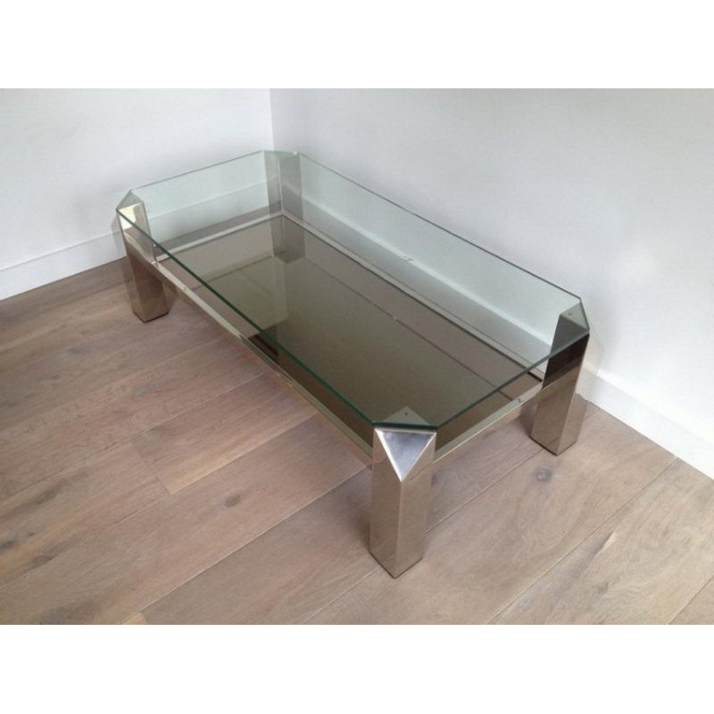 Octagonal Chrome Coffee Table with Clear Glass and Mirror