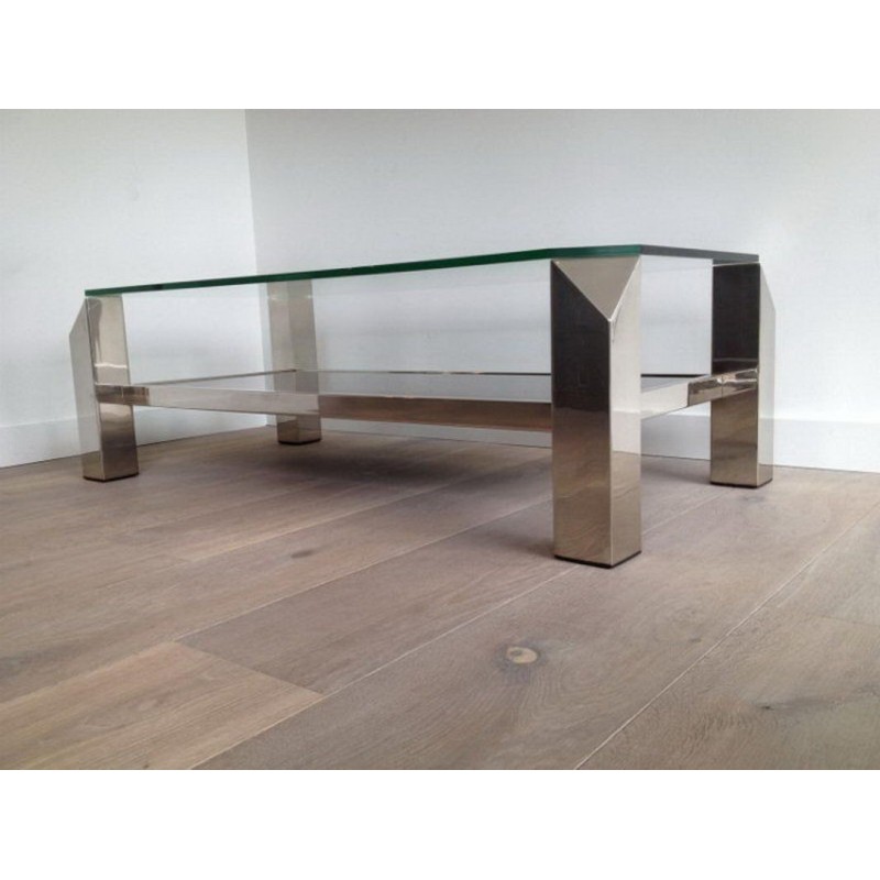 Octagonal Chrome Coffee Table with Clear Glass and Mirror