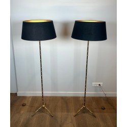 Pair of Faux-Bamboo Bronze and Brass Floor Lamps, by Jacques Adnet, French Work, circa 1940