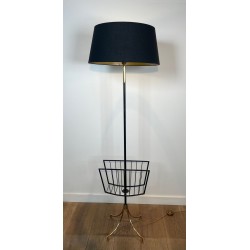 Black Lacquered Metal and Brass Floor Lamp with Integrated Magazine Rack, French Work, circa 1950