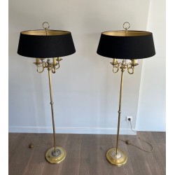 Pair of Neoclassical Steel and Brass Floor Lamps with Hunting Horns, Style of Maison Charles, circa 1940