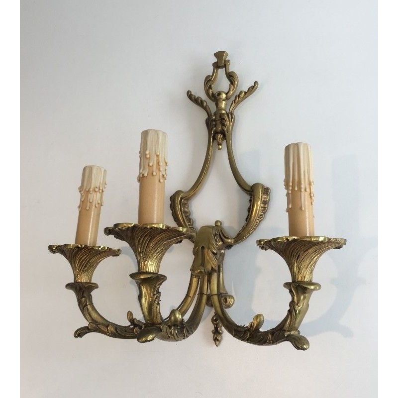 Pair of Large Louis XV Style Three-Light Bronze Wall Sconces