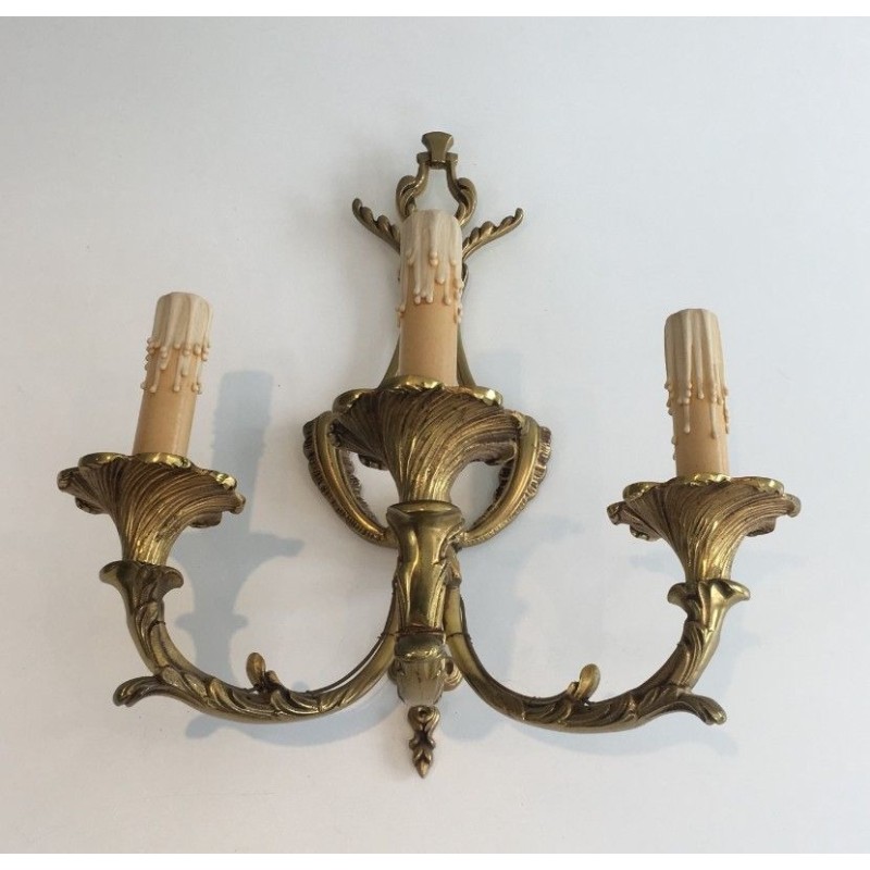 Pair of Large Louis XV Style Three-Light Bronze Wall Sconces