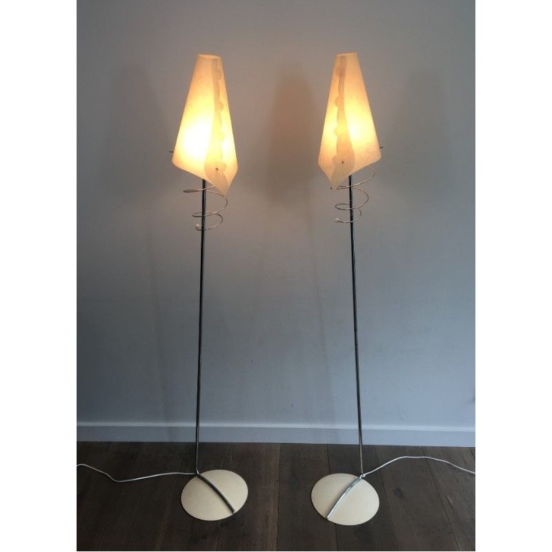 Pair of Design Floor Lamps in Chrome with White Lacquered Bases and Plastic Shades