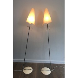 Pair of Design Floor Lamps in Chrome with White Lacquered Bases and Plastic Shades