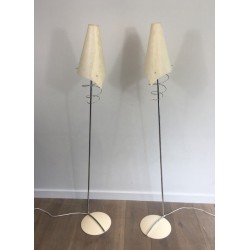 Pair of Design Floor Lamps in Chrome with White Lacquered Bases and Plastic Shades
