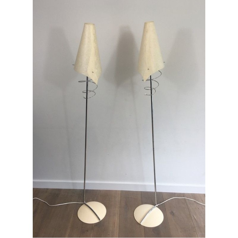 Pair of Design Floor Lamps in Chrome with White Lacquered Bases and Plastic Shades