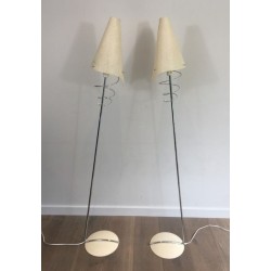 Pair of Design Floor Lamps in Chrome with White Lacquered Bases and Plastic Shades