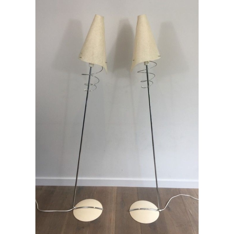 Pair of Design Floor Lamps in Chrome with White Lacquered Bases and Plastic Shades