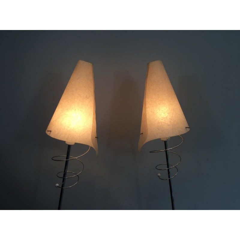 Pair of Design Floor Lamps in Chrome with White Lacquered Bases and Plastic Shades