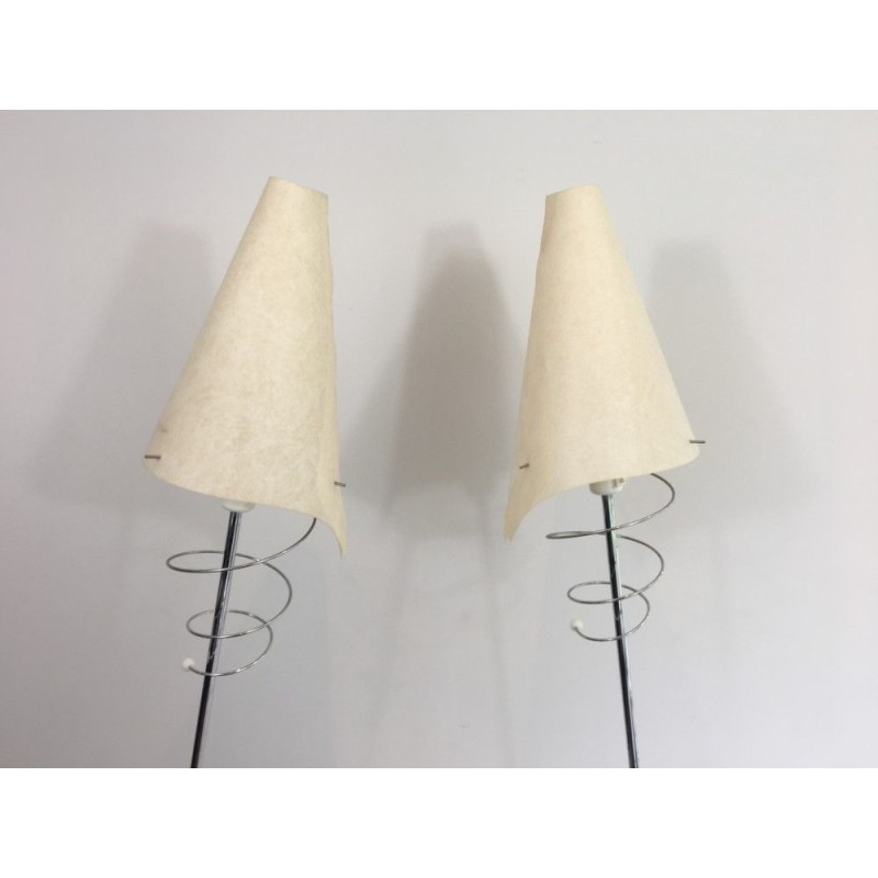 Pair of Design Floor Lamps in Chrome with White Lacquered Bases and Plastic Shades