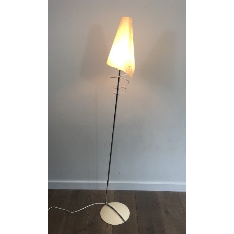 Pair of Design Floor Lamps in Chrome with White Lacquered Bases and Plastic Shades