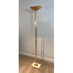 Brass Floor Lamp with Adjustable Reflector on a Travertine Base, French Work, circa 1970