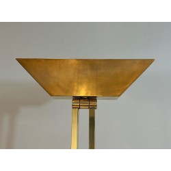 Brass Floor Lamp with Adjustable Reflector on a Travertine Base, French Work, circa 1970