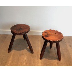 Pair of Brutalist Pine Stools, French Work, circa 1950