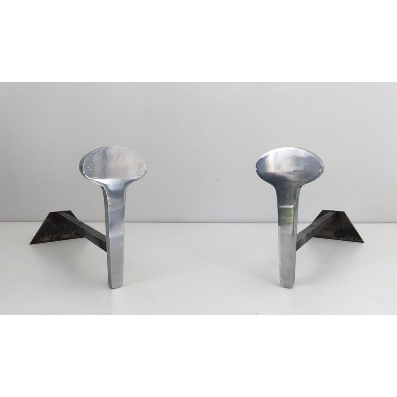 Pair of Modernist Chromed Steel and Wrought Iron Andirons, French Work, Circa 1970