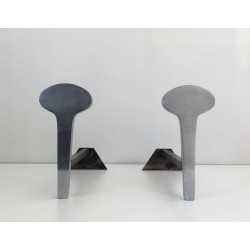 Pair of Modernist Chromed Steel and Wrought Iron Andirons, French Work, Circa 1970