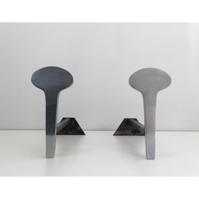Pair of Modernist Chromed Steel and Wrought Iron Andirons, French Work, Circa 1970