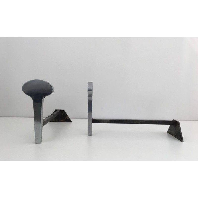 Pair of Modernist Chromed Steel and Wrought Iron Andirons, French Work, Circa 1970