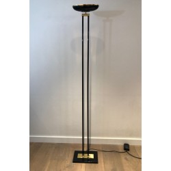 Black Lacquered Metal and Brass Halogen Floor Lamp, French Work, circa 1970