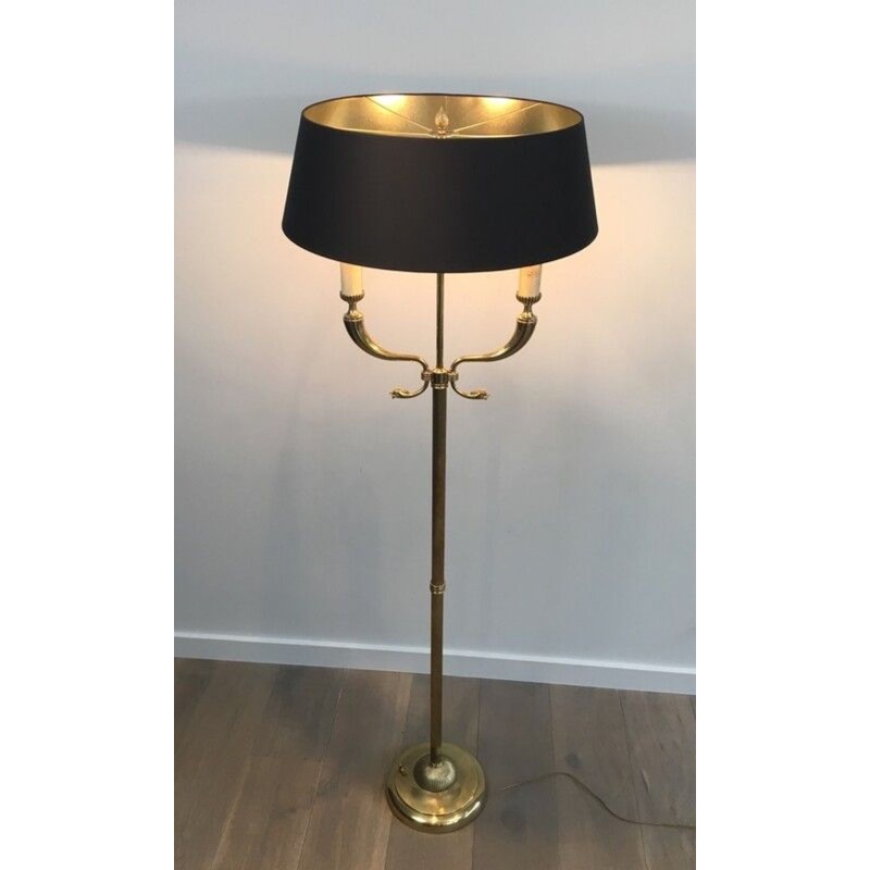 Neoclassical Brass Floor Lamp with Dolphin Head Mounts, Maison Jansen, French Work, circa 1940