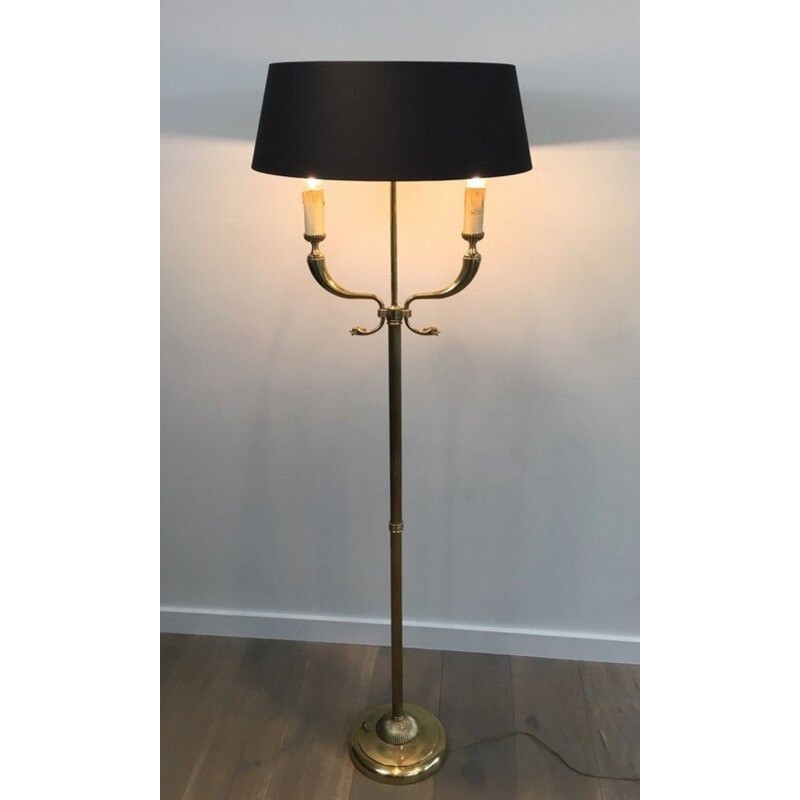 Neoclassical Brass Floor Lamp with Dolphin Head Mounts, Maison Jansen, French Work, circa 1940