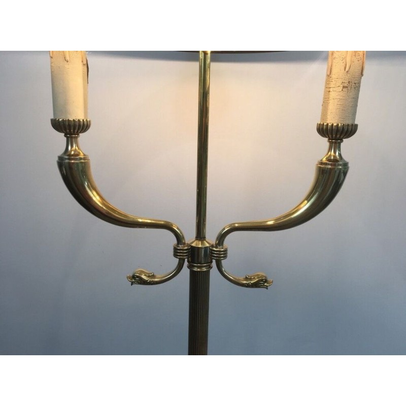 Neoclassical Brass Floor Lamp with Dolphin Head Mounts, Maison Jansen, French Work, circa 1940