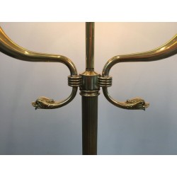 Neoclassical Brass Floor Lamp with Dolphin Head Mounts, Maison Jansen, French Work, circa 1940