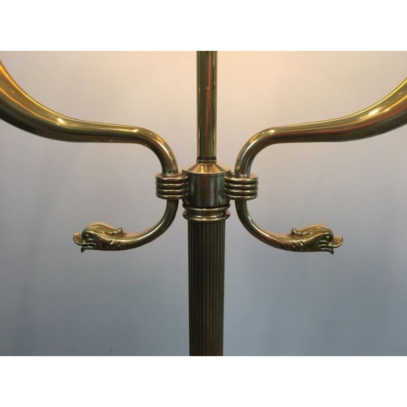 Neoclassical Brass Floor Lamp with Dolphin Head Mounts, Maison Jansen, French Work, circa 1940