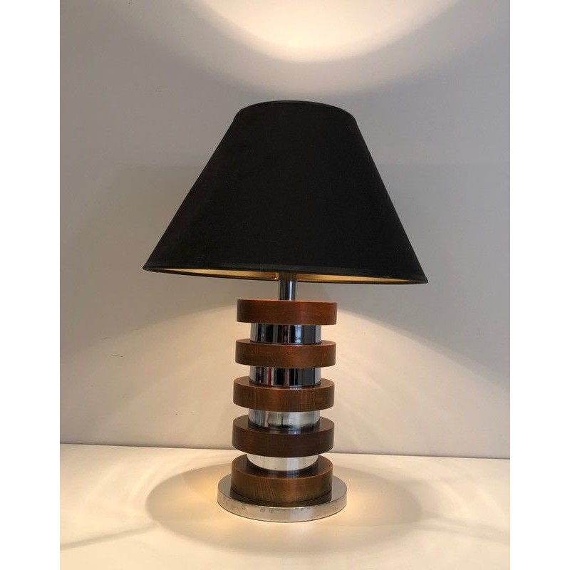 Design Table Lamp with Concentric Wood and Chrome Circles, French Work, Circa 1970