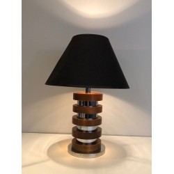 Design Table Lamp with Concentric Wood and Chrome Circles, French Work, Circa 1970