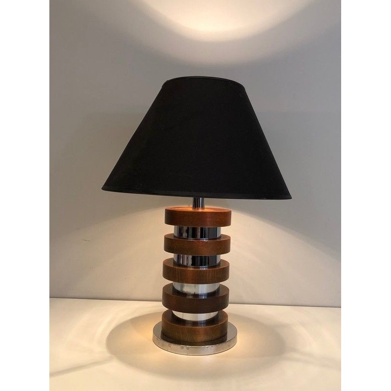 Design Table Lamp with Concentric Wood and Chrome Circles, French Work, Circa 1970