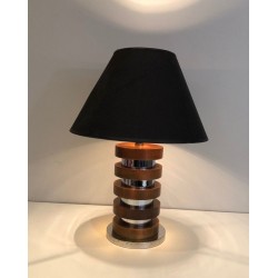 Design Table Lamp with Concentric Wood and Chrome Circles, French Work, Circa 1970