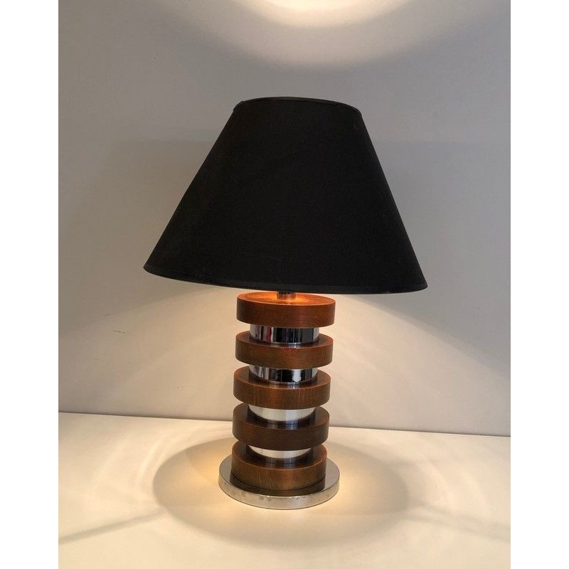 Design Table Lamp with Concentric Wood and Chrome Circles, French Work, Circa 1970