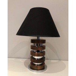 Design Table Lamp with Concentric Wood and Chrome Circles, French Work, Circa 1970