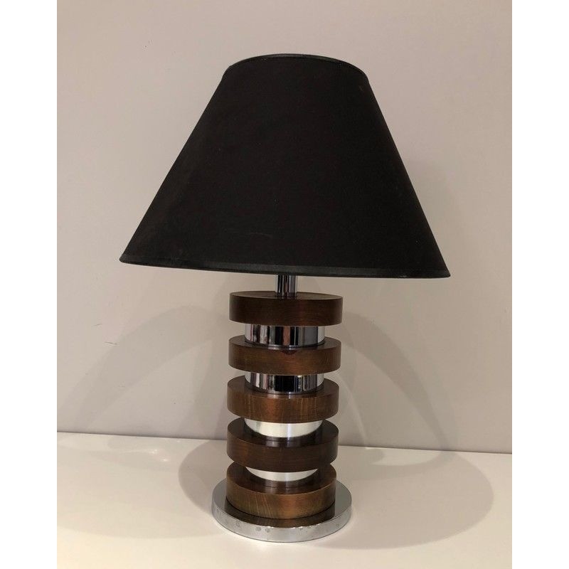 Design Table Lamp with Concentric Wood and Chrome Circles, French Work, Circa 1970
