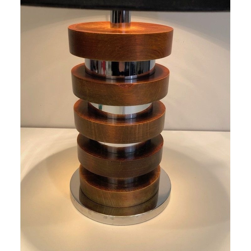 Design Table Lamp with Concentric Wood and Chrome Circles, French Work, Circa 1970