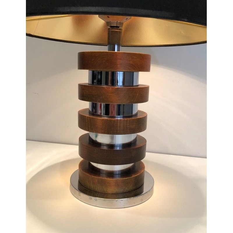 Design Table Lamp with Concentric Wood and Chrome Circles, French Work, Circa 1970