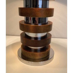 Design Table Lamp with Concentric Wood and Chrome Circles, French Work, Circa 1970