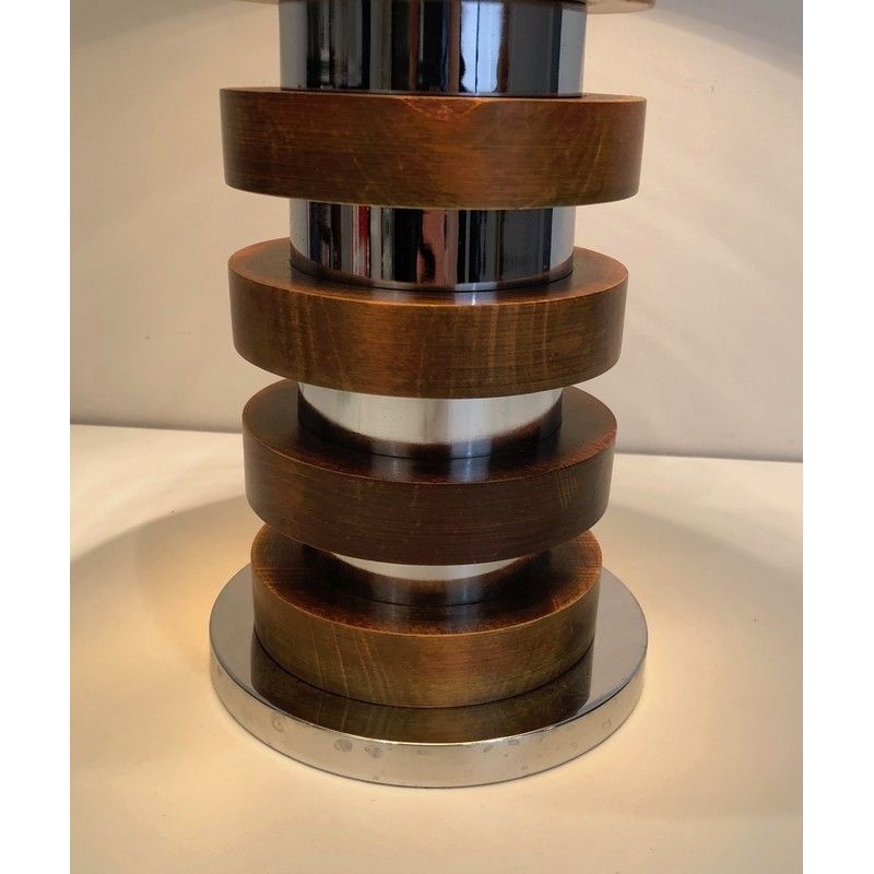Design Table Lamp with Concentric Wood and Chrome Circles, French Work, Circa 1970